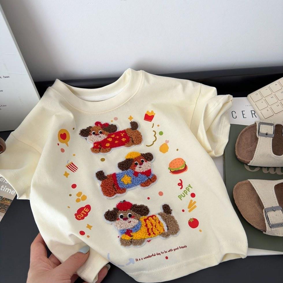 Sommer-Ankunft: Kinder Cartoon besticktes Baumwoll-T-Shirt (Kurzarm, Lockere Passform, Koreanischer Stil)