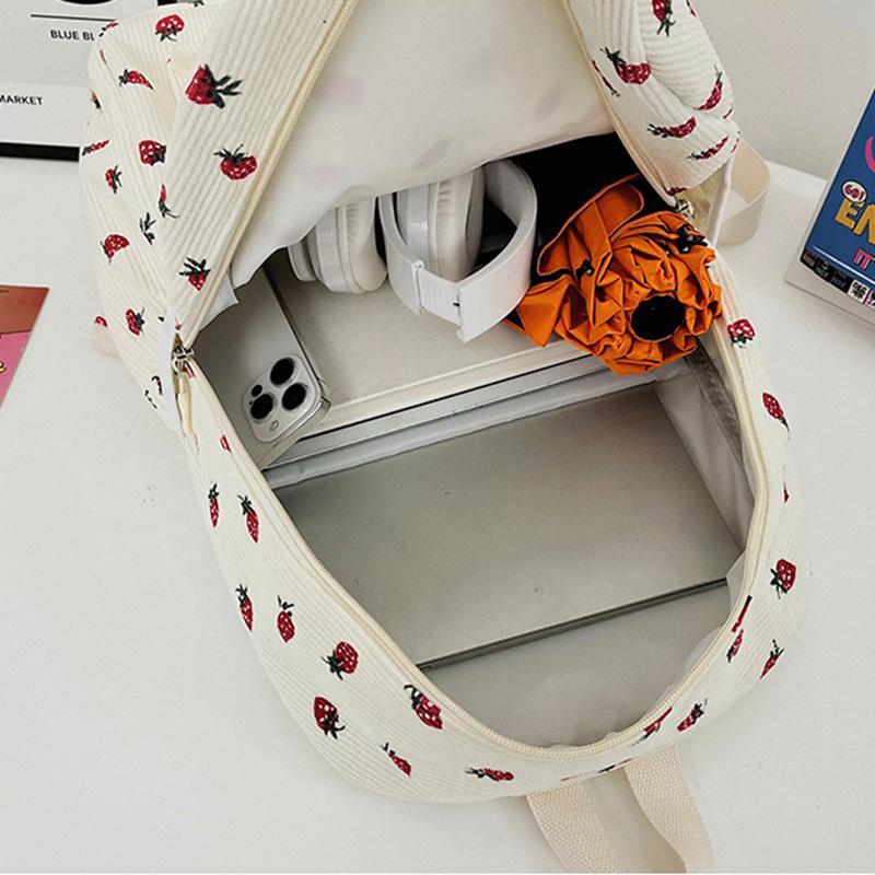 Cord Rucksack mit Erdbeermuster Lässiger Reiserucksack Große Kapazität Mode Teenager Tagesrucksack Verstellbarer Riemen für Outdoor-Reisen AVE