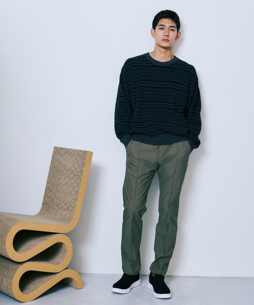 Nano Universe Mercerized Cotton Ribbed Striped Crew Neck Size Pattern Knit, Men's, M, 361, 2, 668-5222220