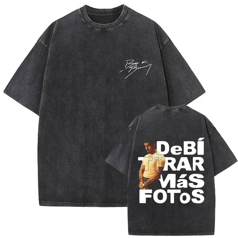 Rapper Bad Bunny Vintage Washed T Shirts Debi Tirar Mas Fotos DTMF Tshirts Mens Clothing Hip Hop Fashion High Quality Tshirt