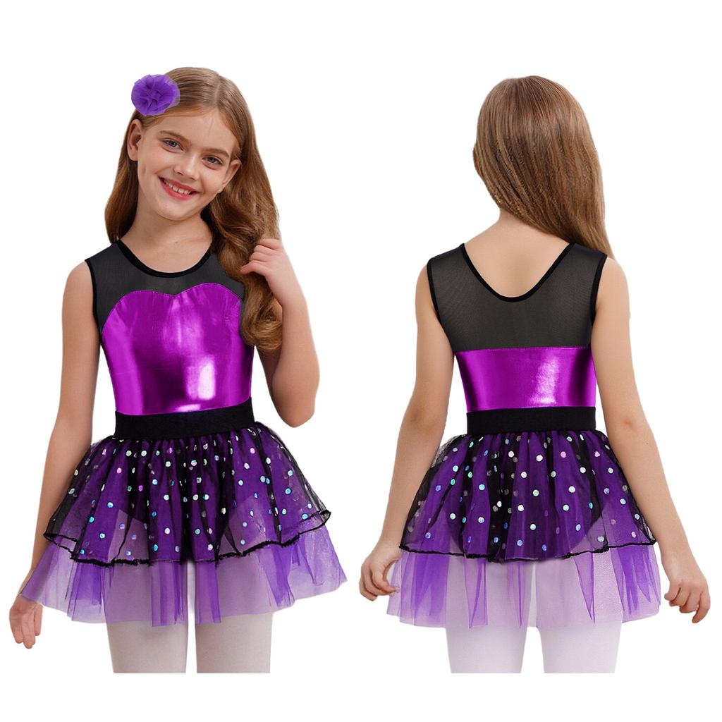 Sparkling Metallic Tutu Dress for Kids Girls: Sheer Mesh Patchwork Bodice with Tulle Skirt & Headpiece for Competition & Recital