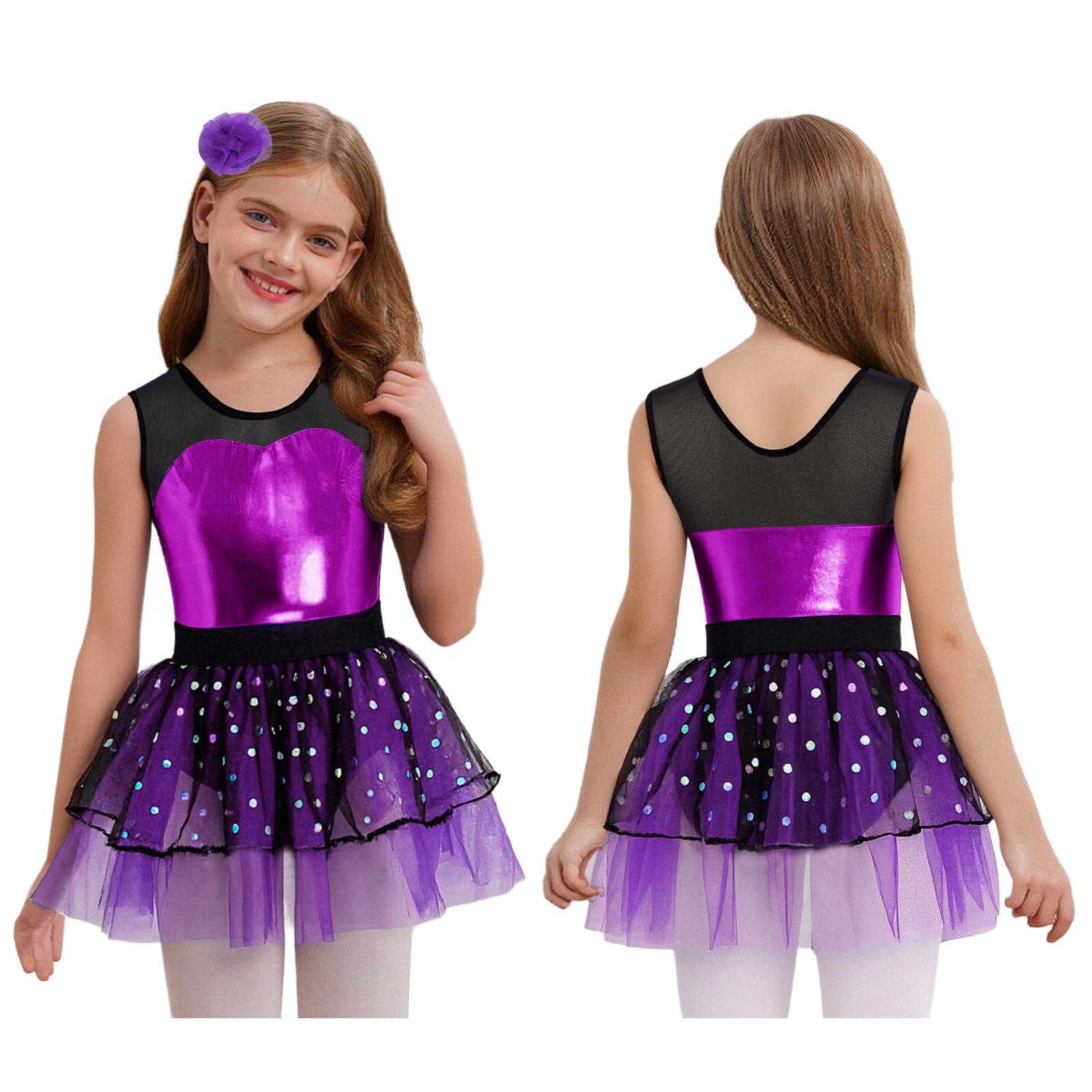

Eye-Catching Performance Tutu Dress for Girls: Sheer Mesh Patchwork & Metallic Bodice, Complete with Tulle Skirt & Hair Accessory фіолетовий