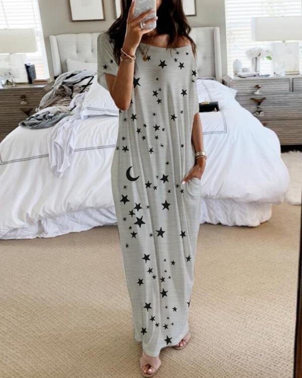 Women's Star Moon Print Short Sleeve Long Dress - European and American Style
