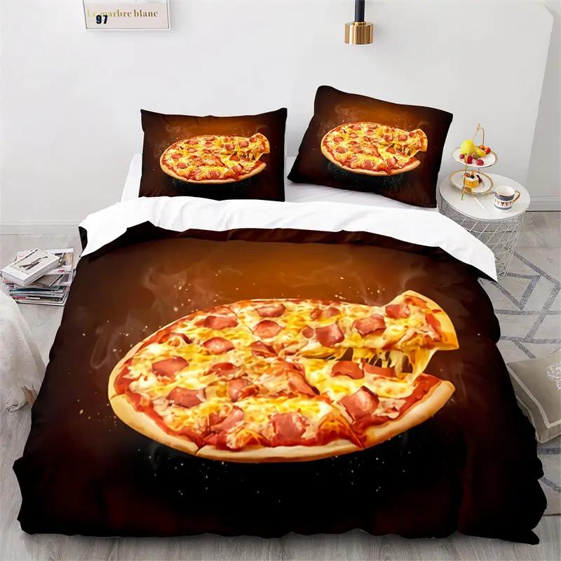 Kreativer Fast Food Bettbezug Pizza Hamburger Druck Bettdeckenbezug Mikrofaser Bettwäscheset King Queen für Kinder Teenagerzimmer Deko