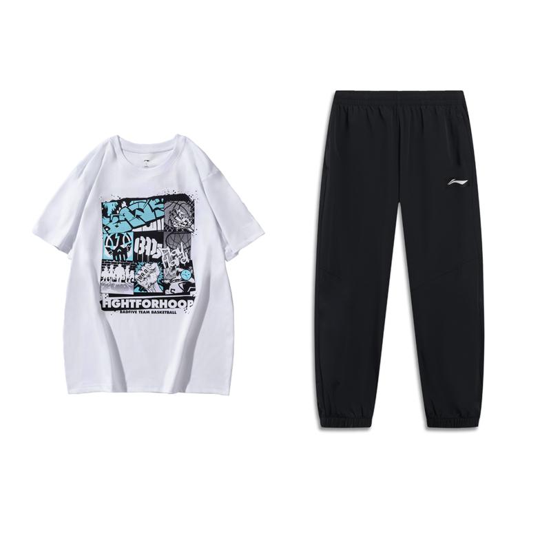 

Li Ning Баскетбольная серия Обычная футболка с круглым вырезом и коротким рукавом Дышащая Быстросохнущая Логотип Длинные брюки Повседневный спортивный костюм AHSUA27-1+AYKU691-1