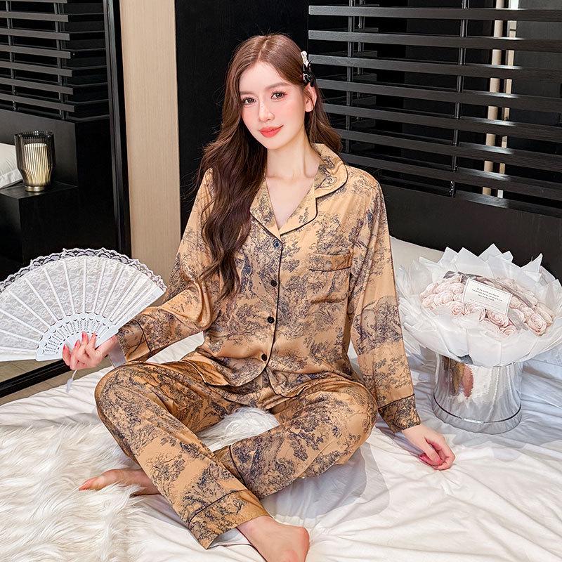 2025 Summer Chinese Ink Style Ice Silk Long Sleeve Pajamas for Women - Elegant Spring/Autumn Wear