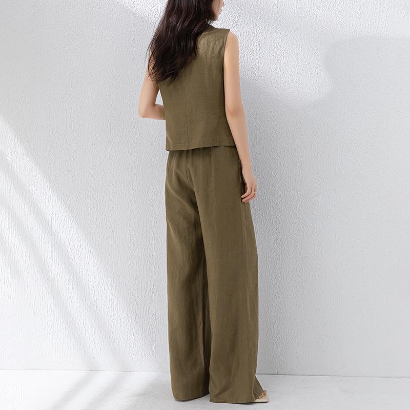 Women's Loose Fit Two Piece Pantsuit Sleeveless Vest High Rise Wide Leg Linen Matching Set
