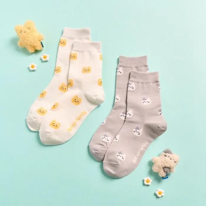 Janjan Milk Cat Butter-kun Mid-calf Socks 2P White Gray