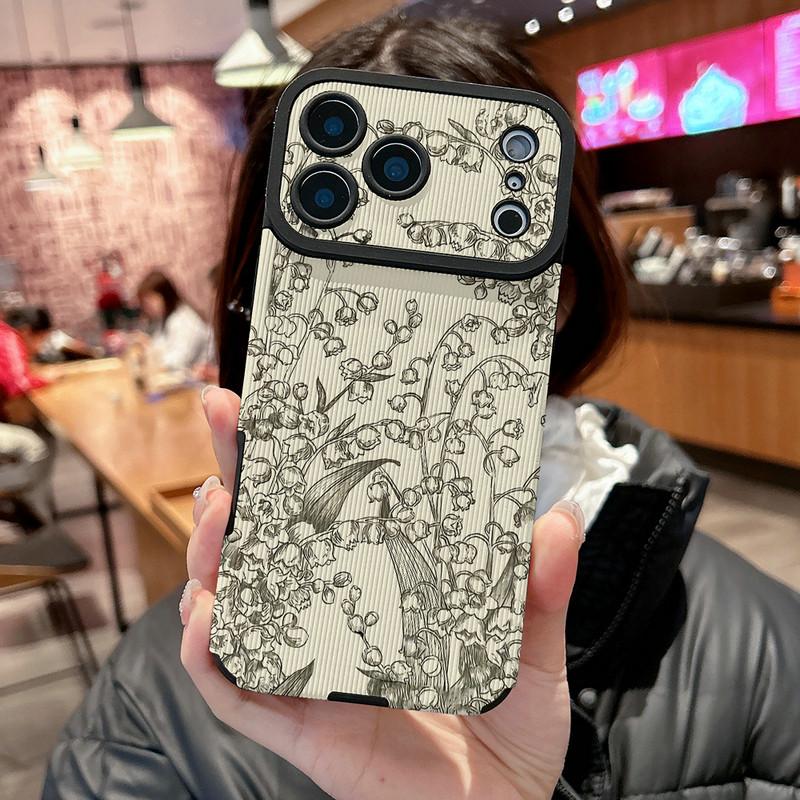 Floral Plants Printed Vertical Grain Leather Soft Silicone Phone Case Back Cover with Camera Lens Full Protection for iPhone 17