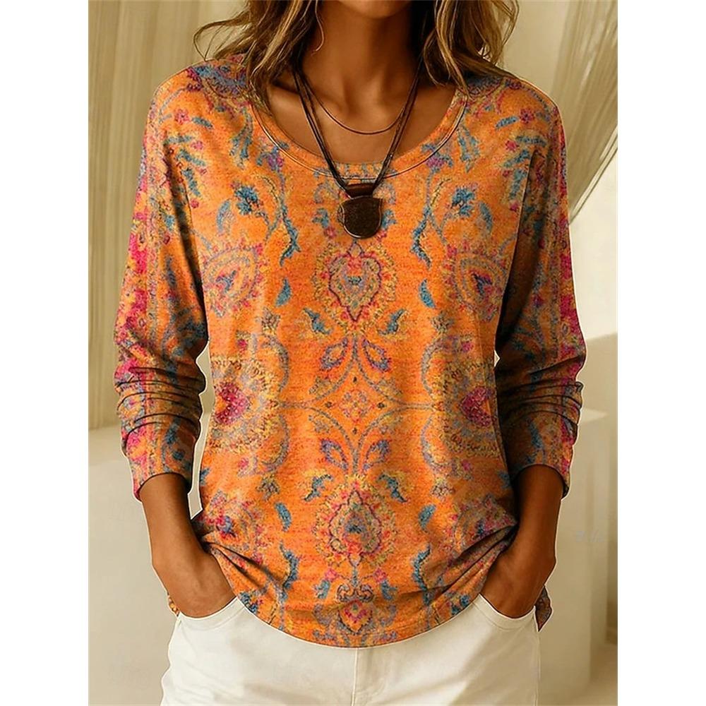 Women's Long-Sleeve T-Shirt Autumn 2026 Elegant Comfortable Crew Neck 3D Sunflower Floral Print Vintage Casual Street-Style Top