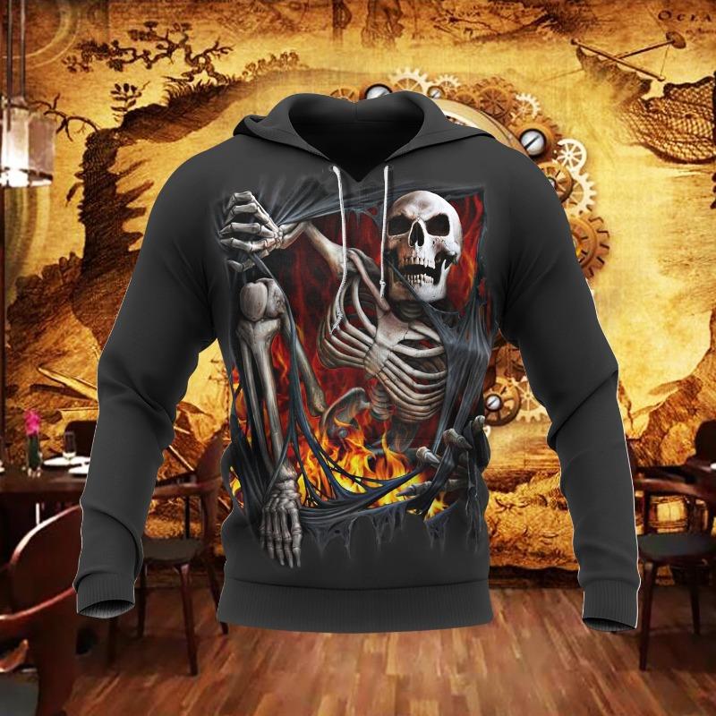 Autumn Vintage Hoodie Men Skull Flaming Graphic 3D Print Hip Hop Style Casual Men's Long Sleeve Oversize Comfortable Clothing