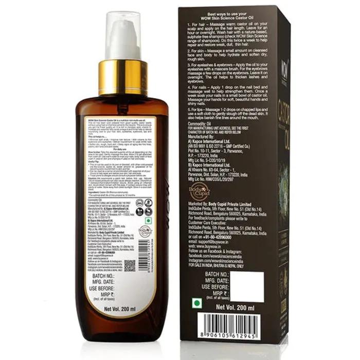 Wow Skin Science 100 % reines Rizinusöl – kaltgepresst – für stärkeres Haar, Haut und Nägel, 200 ml