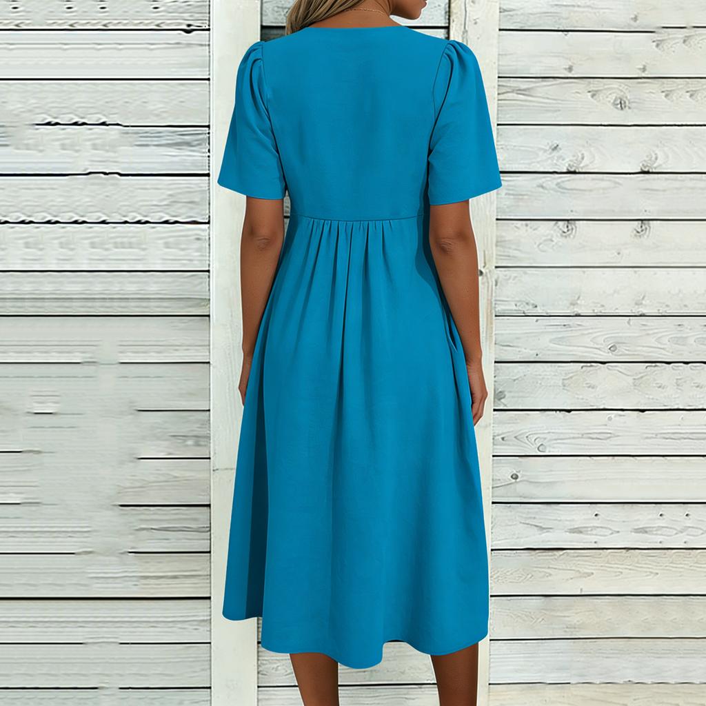 Women's Fashionable Loose-Fit V-Neck Short-Sleeve Casual Cotton-Linen Blend Dress