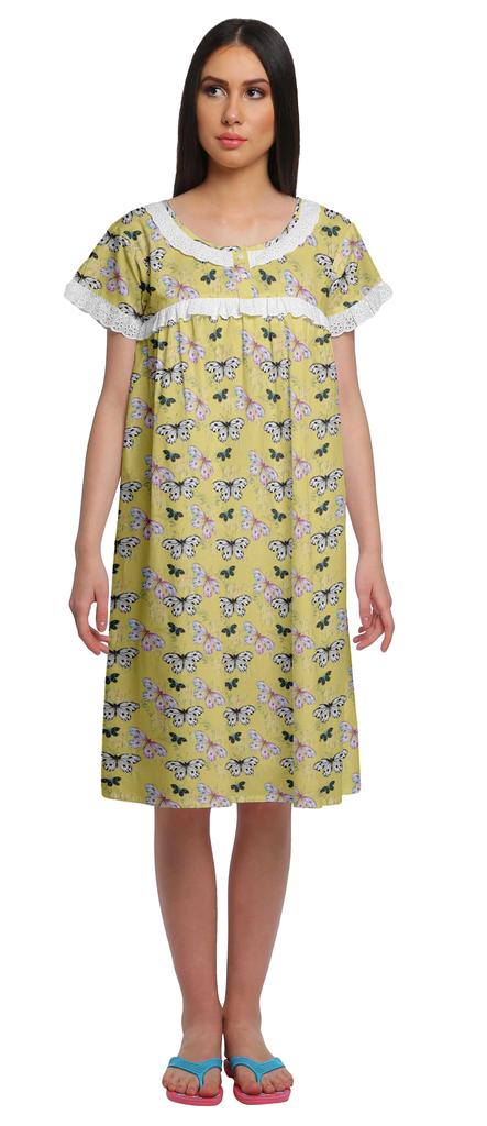 Moomaya Printed Short Sleeve Knee Length Nightdress Round Neck Sleepwear