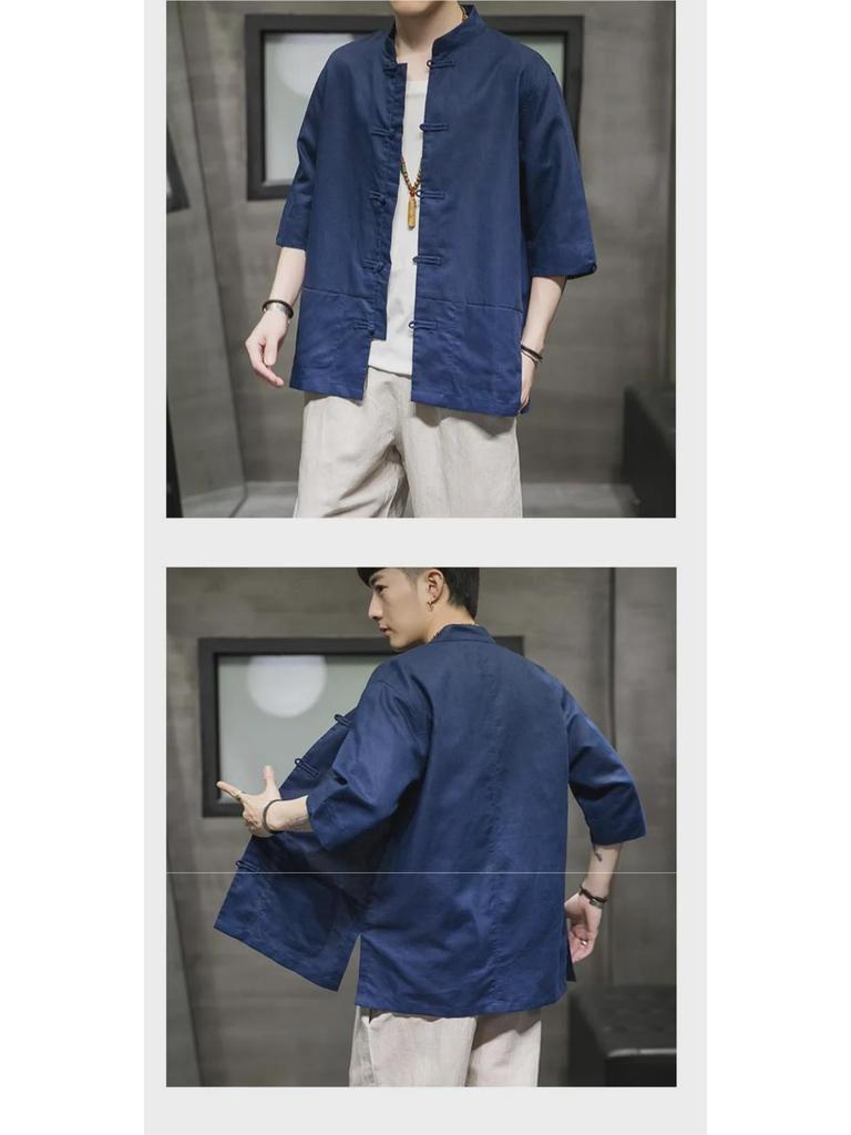Men's Tang Suit Linen Shirt Jacket - Summer 5-Point Sleeve Button-Up