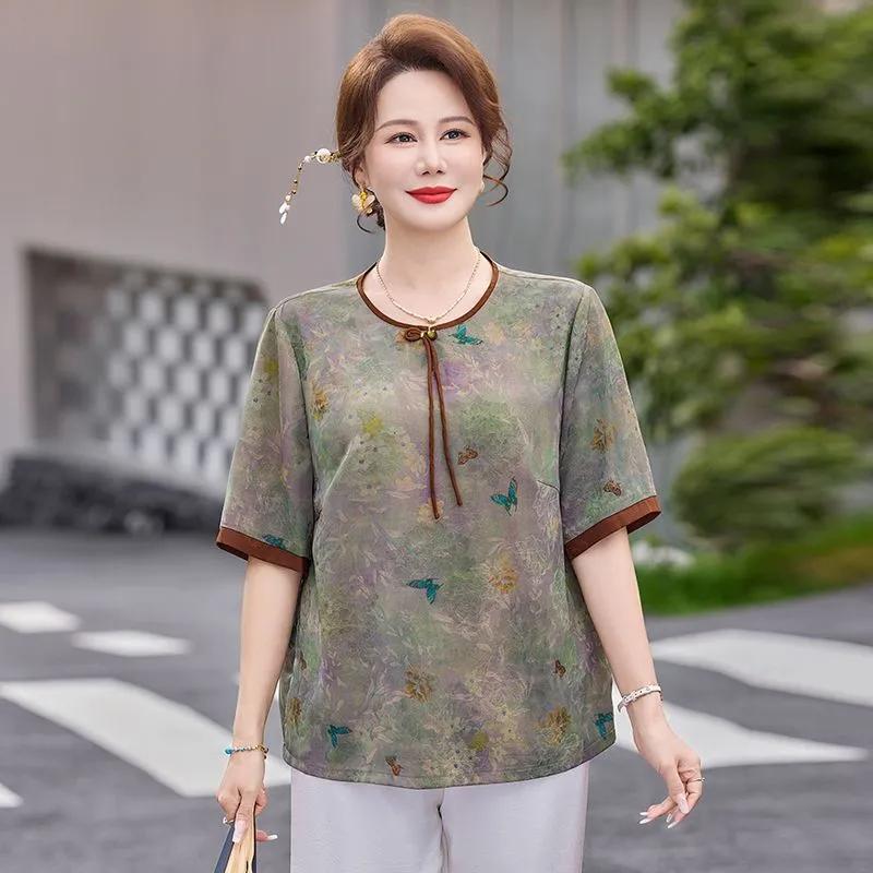 

Womens Chinese Style Floral Print Short Sleeve Casual Blouse XL зелёный