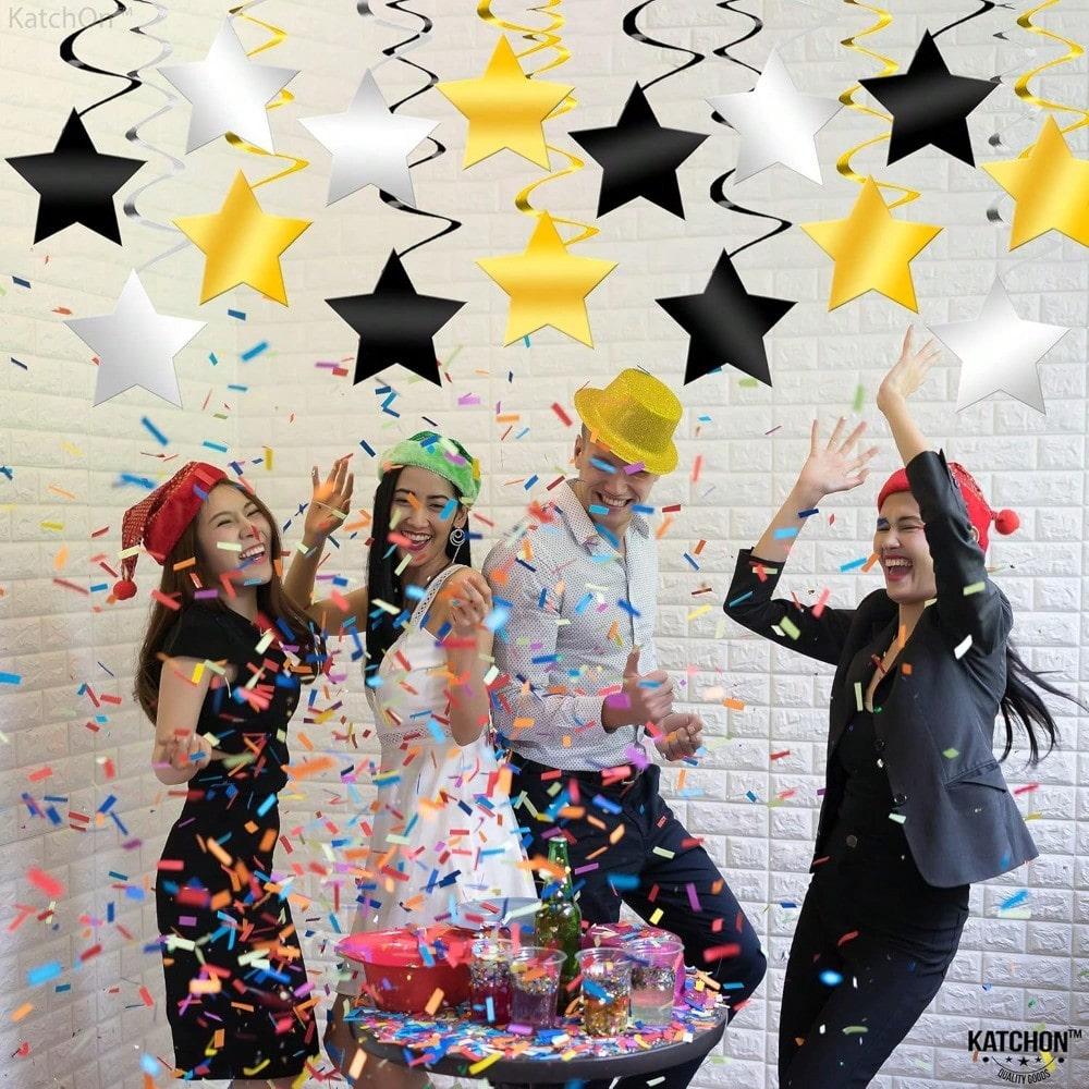 36 Pack Black Golden and Silvery Star Hanging Swirls-, No DIY | Black and Gold Party Decorations | New Years Decorations 2026 | Happy New Year 2026