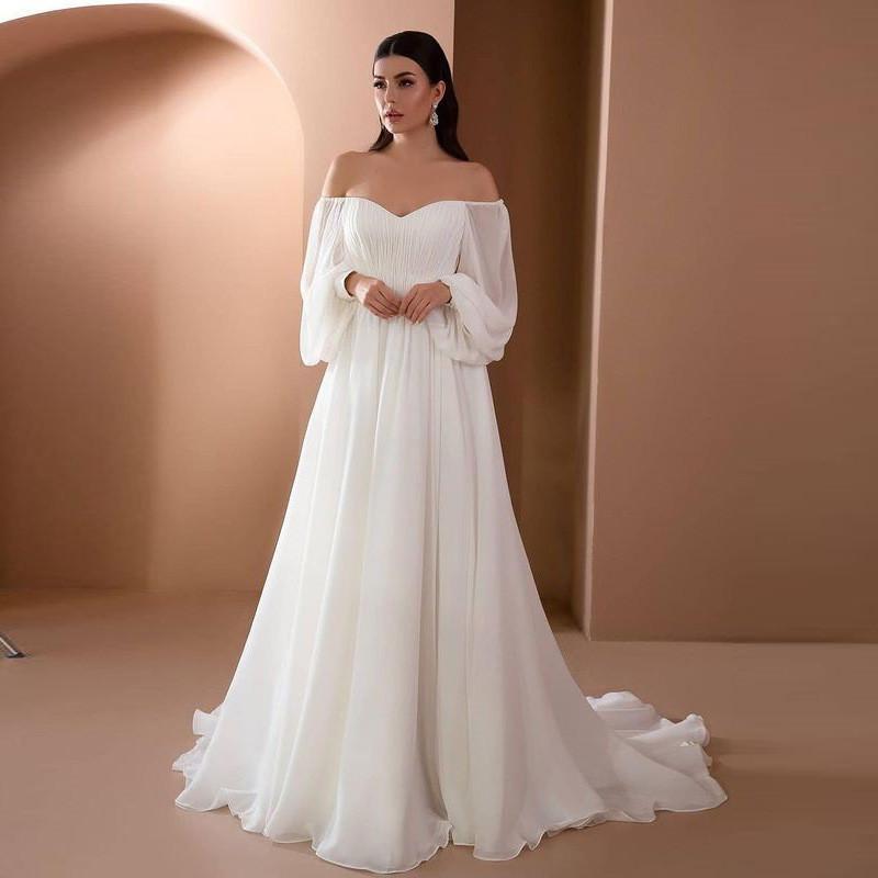 Elegante Abito Lungo in Chiffon Monospalla con Maniche Lunghe per Matrimonio e Festa in Stile Classico per Donne