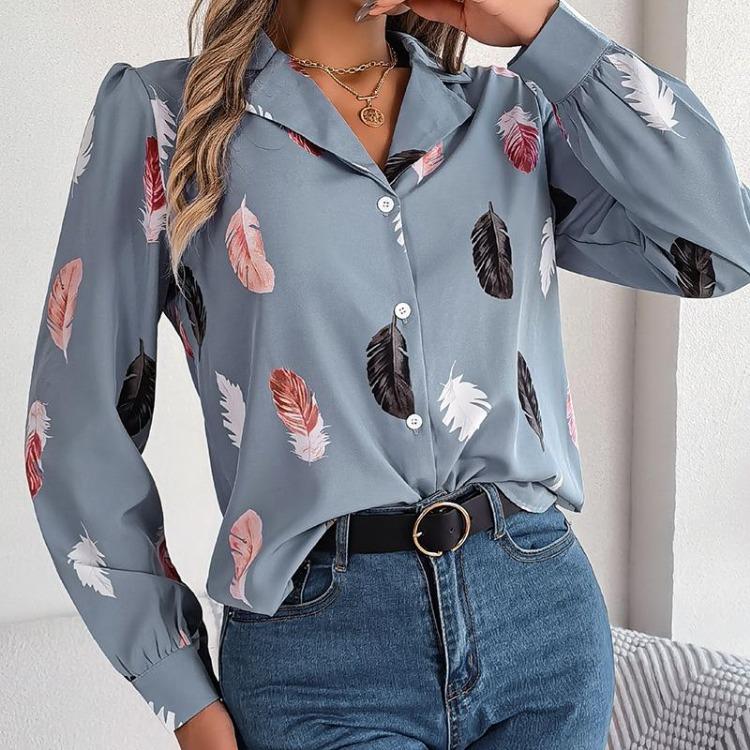 

Women Long Sleeve Blouse Feather Print Suit Collar Shirt Spring Autumn Temperament Fashion M синий