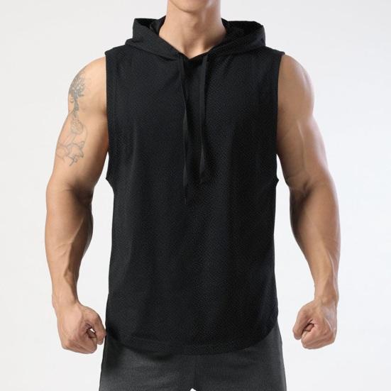 Men Summer Vest Hooded Drawstring Sleeveless Solid Color Loose Sport Tank Top Mid Length Workout Top Gym Sport Jogging Clothes