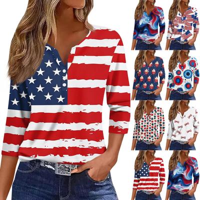 Damen-Tops mit 3/4-Ärmeln, Vintage-Print, lässig-locker, V-Ausschnitt, Übergrößen, ideal zum Unabhängigkeitstag
