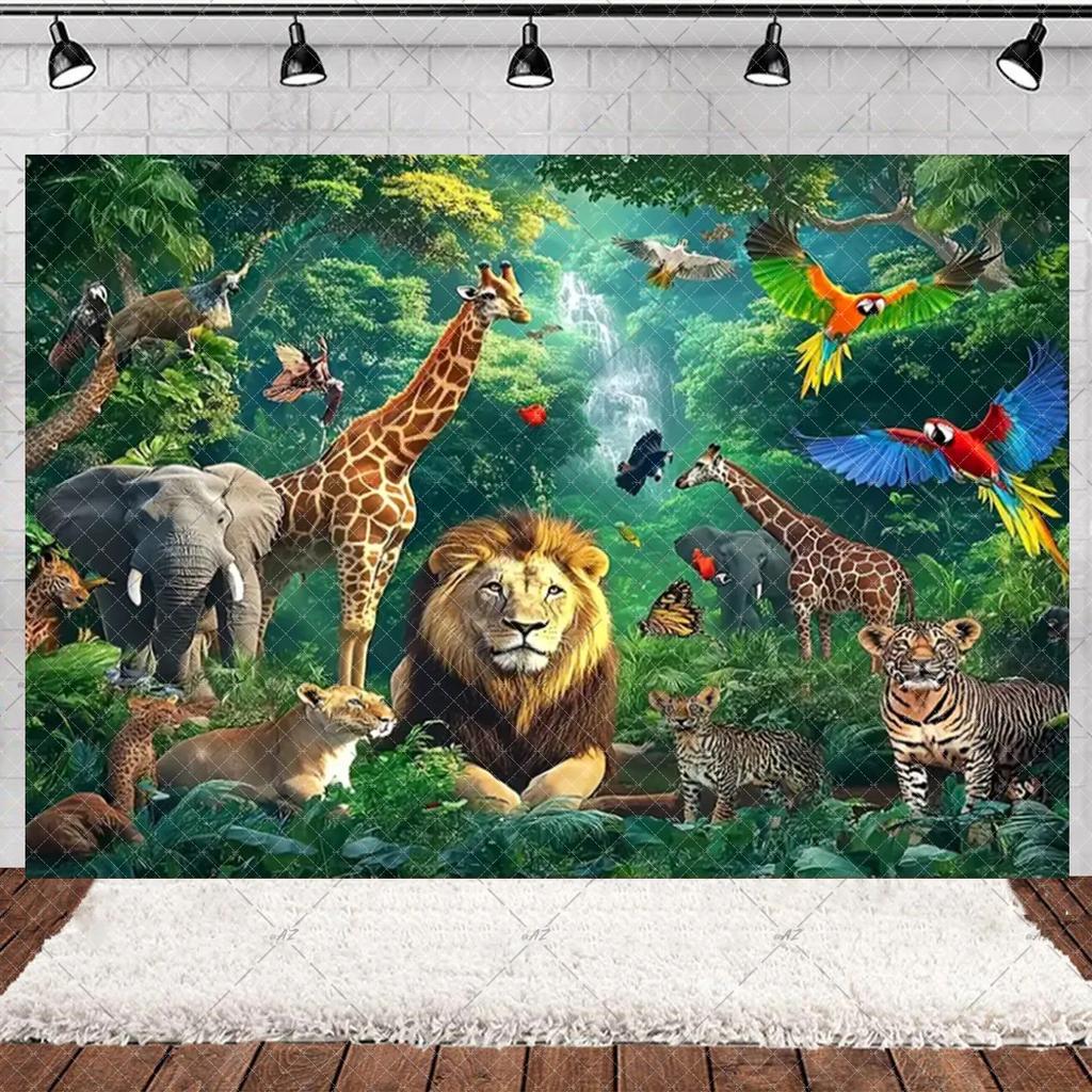 Jungle Wildlife Lion Giraffe Theme Banner Background, Children's Birthday Party, Home Decoration Photography Studio Background