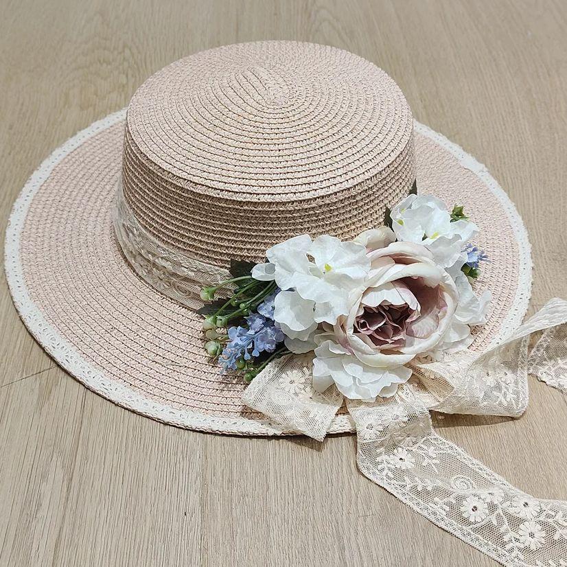 2025 new style flower decoration fresh ladies summer straw hat flat top large brim sun hat beach French elegant wedding hat