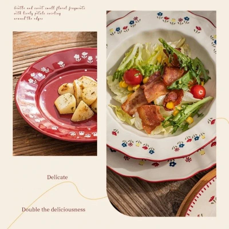 SOLECASA Ceramic Tableware Pastoral Style Rice Soup Bowl Fruit Salad Bowl Dish Pasta Dessert Plate Dinnerware Table Decoration