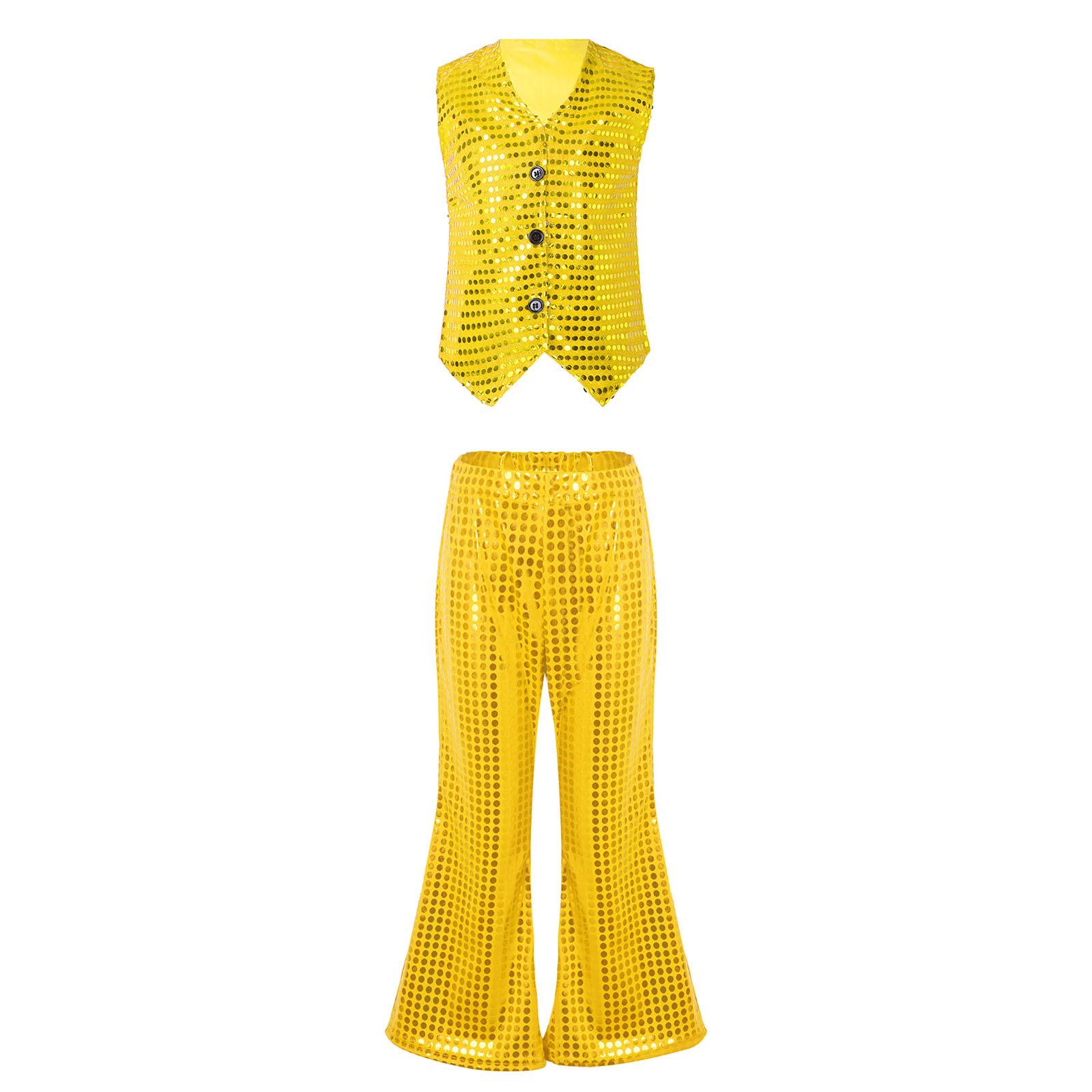 

Boys Girls Glitter Dance Costume Sequined Vest V Neck Waistcoat Elastic Waist Flared Pants Jazz Stage Performance