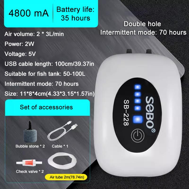 SOBO Аквариумный компрессор кислорода для аквариума Зарядка Тихий USB с аккумулятором Портативный кислородный аэратор для рыбалки Наружный воздушный насос