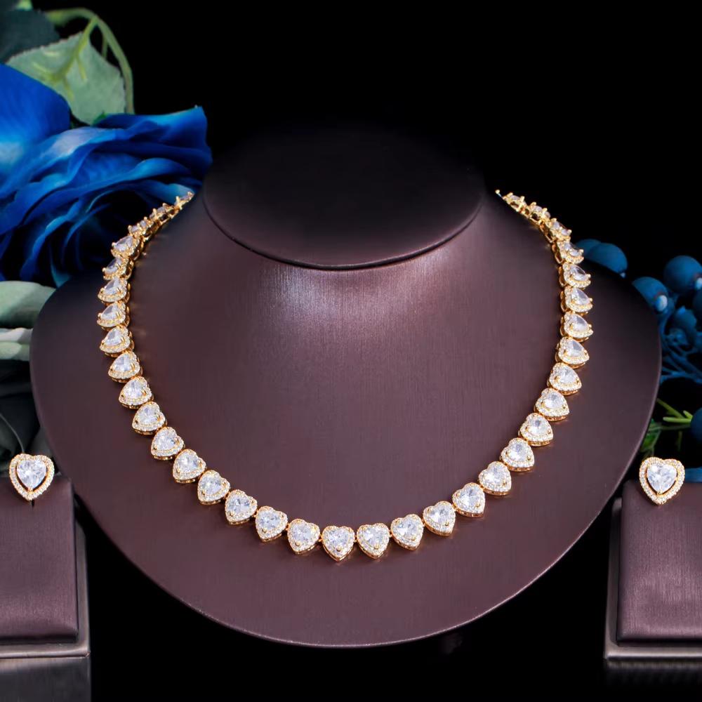 Trendy Jewelry Brass Silver Plated Jewelry Set Pink Iced CZ Ring Earrings Necklace Cuban Tennis Heart Shaped Woman Jewelry Set