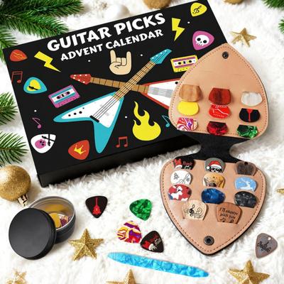 Guitar Picks Advent Calendar 2025 24-Day Countdown with 20 Guitar Picks 2 Oud Picks Faux Leather Pick Holder Metal Case Christmas Gifts