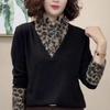 Leopard Print High Neck Slimming Mother's Top - Long Sleeve Patchwork Warm Base Layer