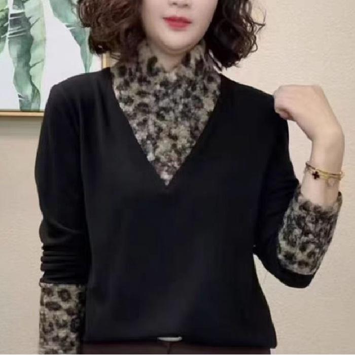 

Leopard Print High Neck Slimming Long Sleeve Top for Women 3XL чорний
