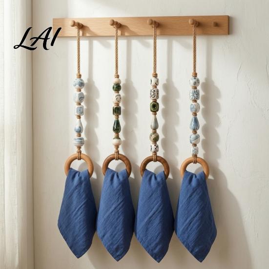 Versatile Towel Rack for Entryway Beaded Hanger with Wooden Ring Farmhouse Rustic Hand Holder Vintage Wall Mounted Storage Decorative Loop Bathroom