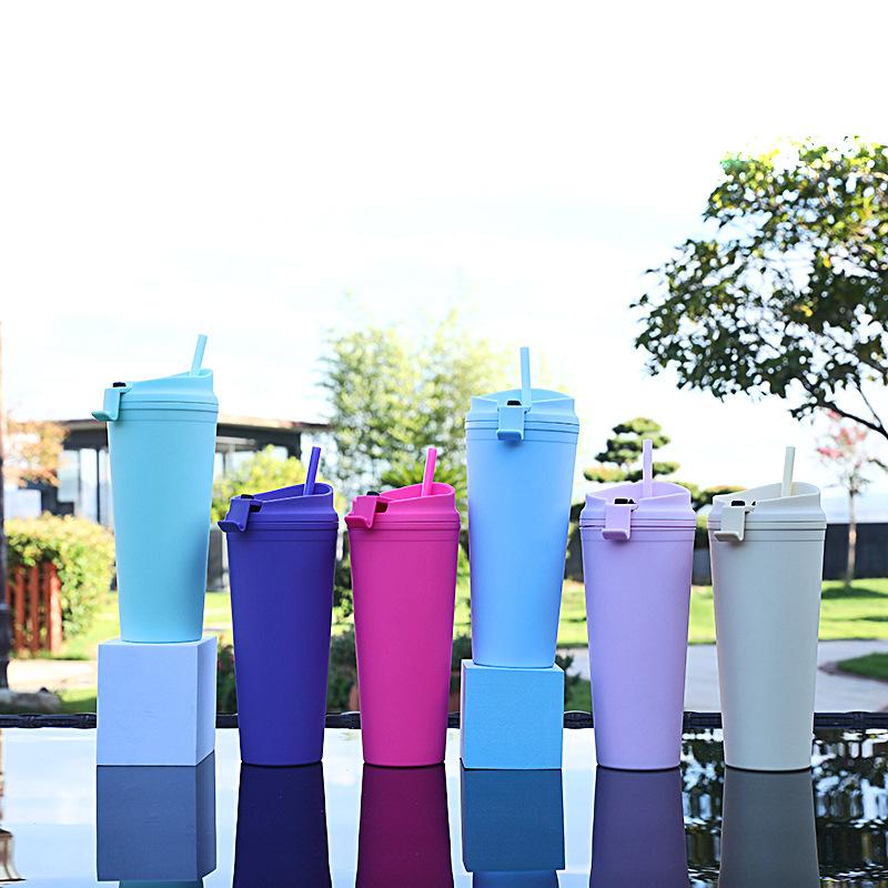 24oz Colorful Double Layer Plastic Fitness Mug Large Capacity Straw Outdoor Mug Gift Cup with Lid ,wholesale Custom