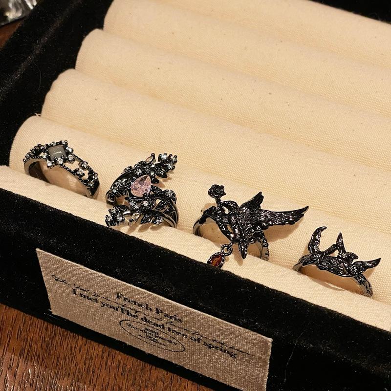Dark Raven Punk Personality Open Ring Raven Zircon Accessories Niche Premium Trendy Cool Index Finger Ring