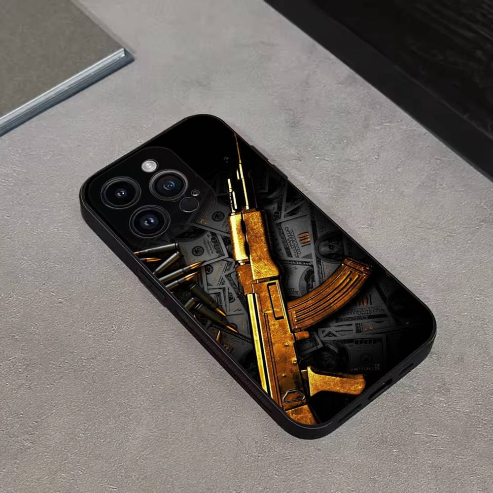 AK47 Handgun Gun BUllets Phone Case For iPhone 16,15,14,13,12,11 Plus,Pro Max,XS,X,XR,SE,Mini,8,7,Soft Silicone Black Cover