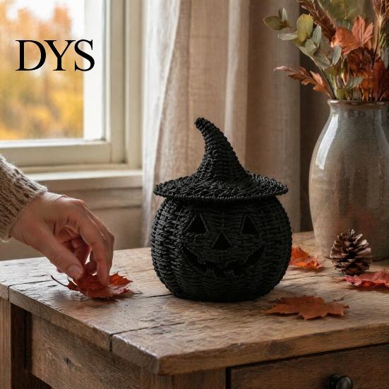 Binnen Oogst Seizoensdecoratie Nep Rotan Halloween Pompoen Beeldje, Zwart Hars Beeld met Heks Veelzijdig Entree Ornament Hoed, Rustiek