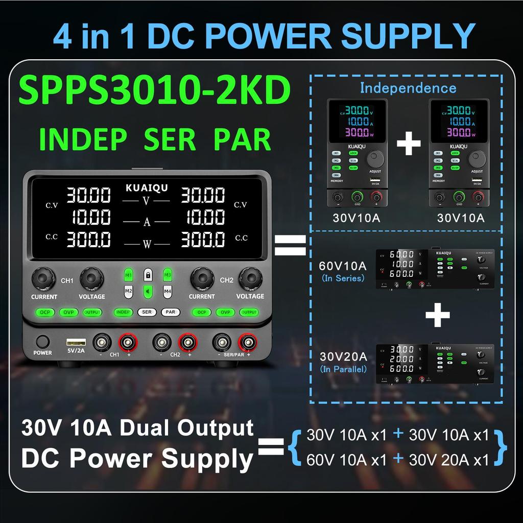 Dual Channel Power Supplies KUAIQU 30V 10A 4 in 1 Indep series parallel OCP & OVP Data storage Panel lock, output switch, encoder knob SPPS3010-2KD