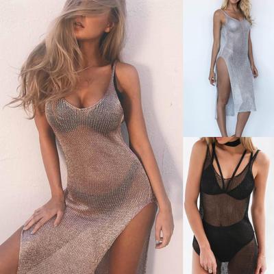 Yaz Kadın Seksi Bikini File Yelek Elbise - Kolsuz, Yuvarlak Yaka, Düz Renk