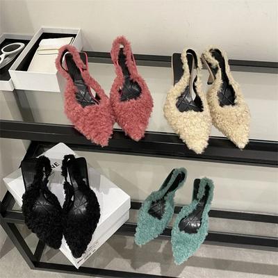 Ciabatte Peluche con Tacco Alto Donna Moda Elegante Punta Appuntita Pantofole Capelli di Agnello Signore Lusso Peluche Scarpe Décolleté da Sera per Feste 2025
