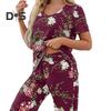 2 Pçs/Conjunto Pijamas Femininos Verão Estampa Floral Decote Em V Manga Curta Camisa Elástica Cintura Curta Calças Curtas Roupa de Casa Roupa Casual Pijamas de Primavera