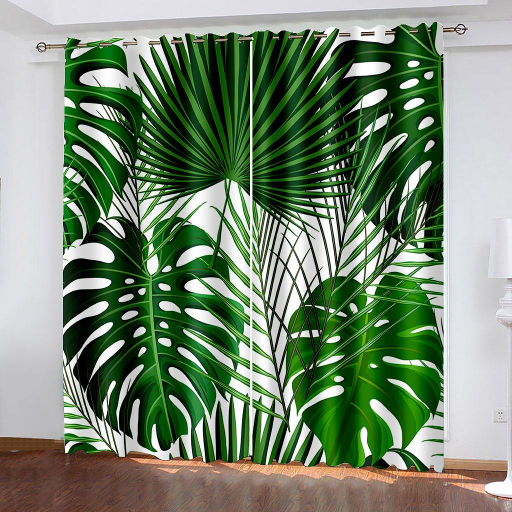 Tropical Leaf Printing Woven Curtains Two Separate Curtains on The Left and Right of The Bedroom  Blackout Curtains