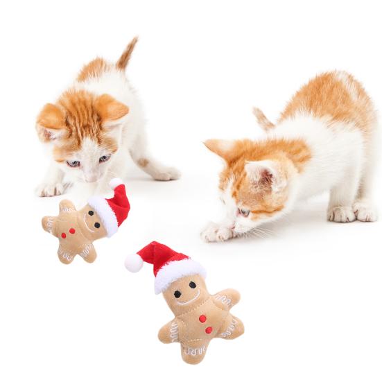 Kitten Toy Soft Comfortable Cartoon Increase Appetite Clear Stomach Teeth Cleaning Long Lasting Christmas Hat Gingerbread Man Cat Plush Toy for Home