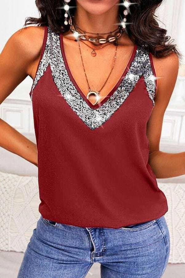 

Женская вискозная блузка без рукавов в полоску с блестками и v-образным вырезом