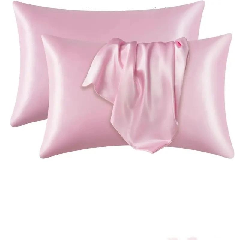 1 Pair Silky Soft Decorative Sleeping Pillow Covers for Bedroom Solid Color Imitation Silk Pillowcase Set