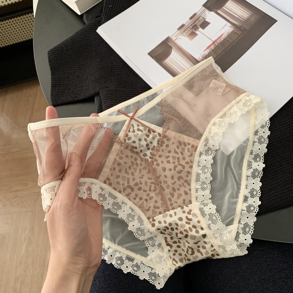 Lady Summer Sexy Leopard Print Pure Want Hollow Lace Lengthen Crotch In Low Waist Triangle Briefs