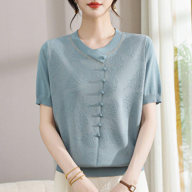 Elegant Retro V-neck Knit T-shirt for Women