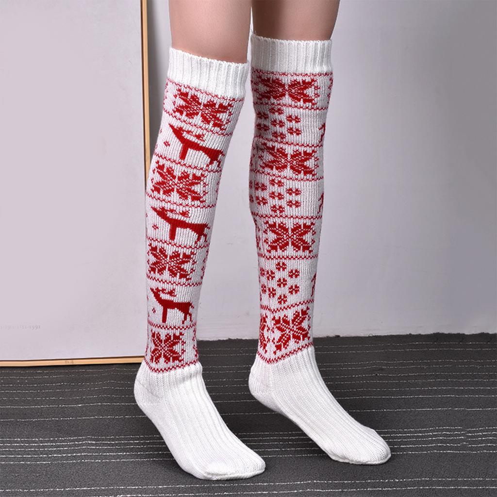Modische Damen Kniestrumpf Weihnachtsstrümpfe mit Rentier Schneeflocken Muster Festival Gestrickte Über das Knie Lange Socken